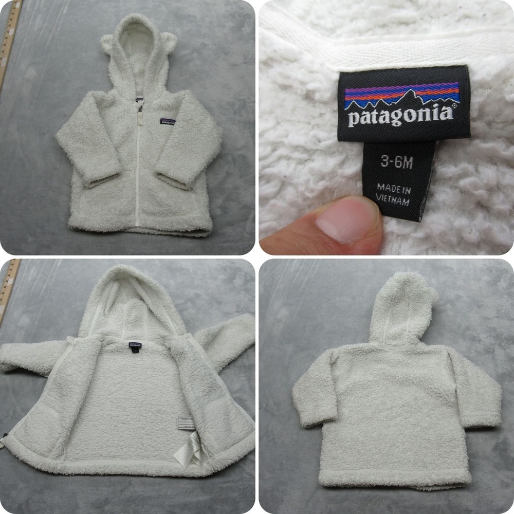 Patagonia Jacket Toddler 3-6M White Ear Flops Furry Friends Fleece Hoody Zip‎ Up